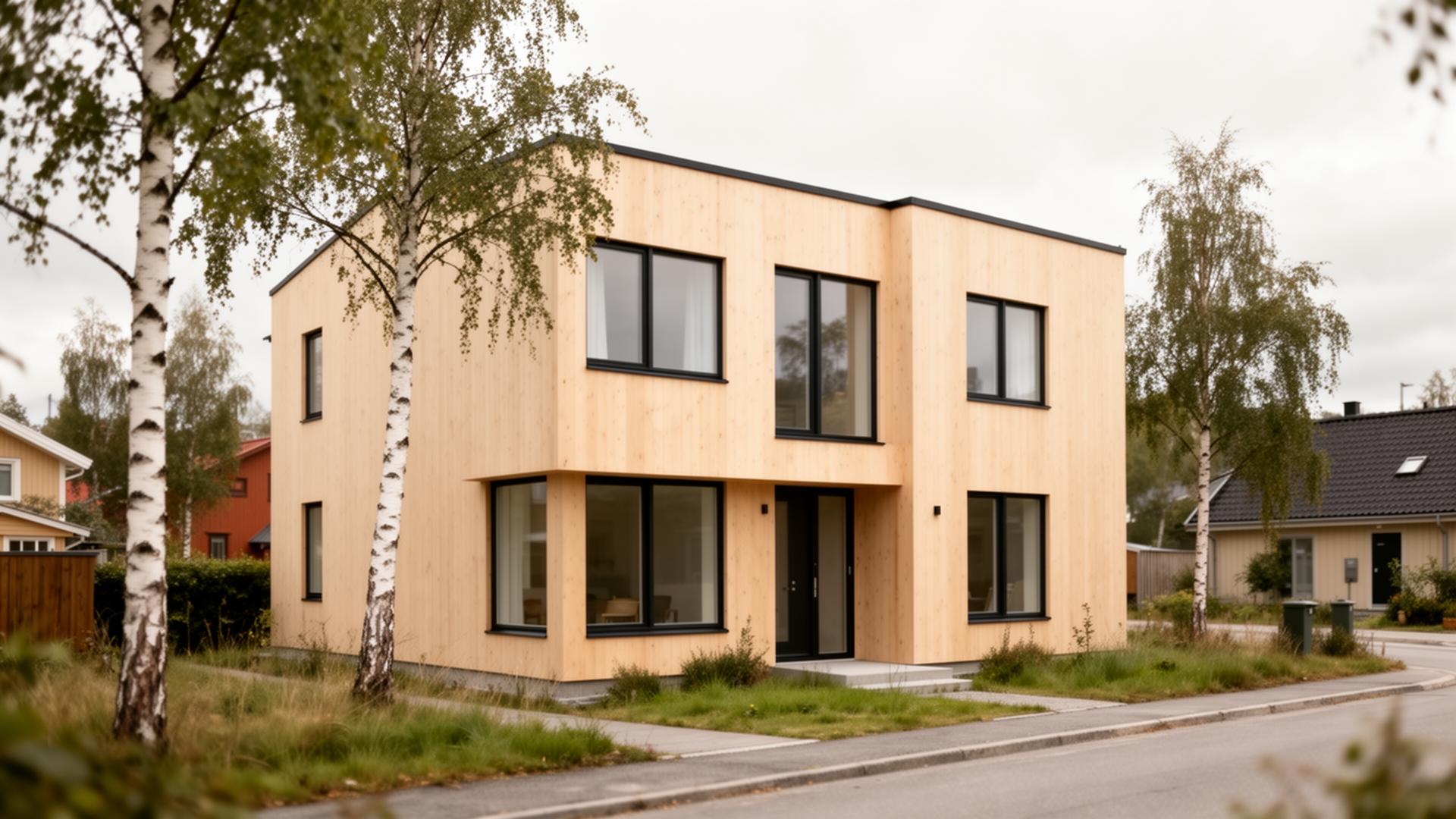 Färdigt mindre flerbostadshus med trästomme i lugn skandinavisk villamiljö